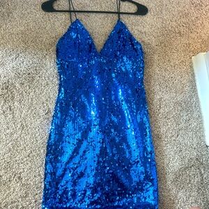 Blue Sequin Spaghetti Strap Dress